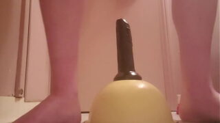 Fat sissy stretches with his toy