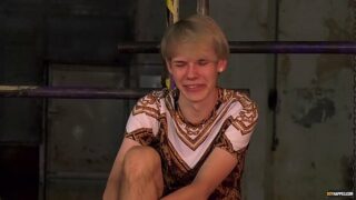 Bondage enthusiast Sean Taylor stroking waxed twink cock