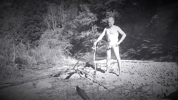 Nudist playing with his uncut dick